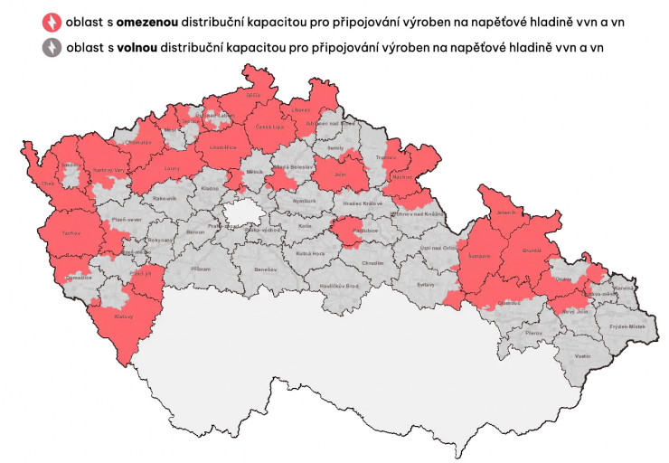 Mapa distribuční kapacity u ČEZ Distribuce